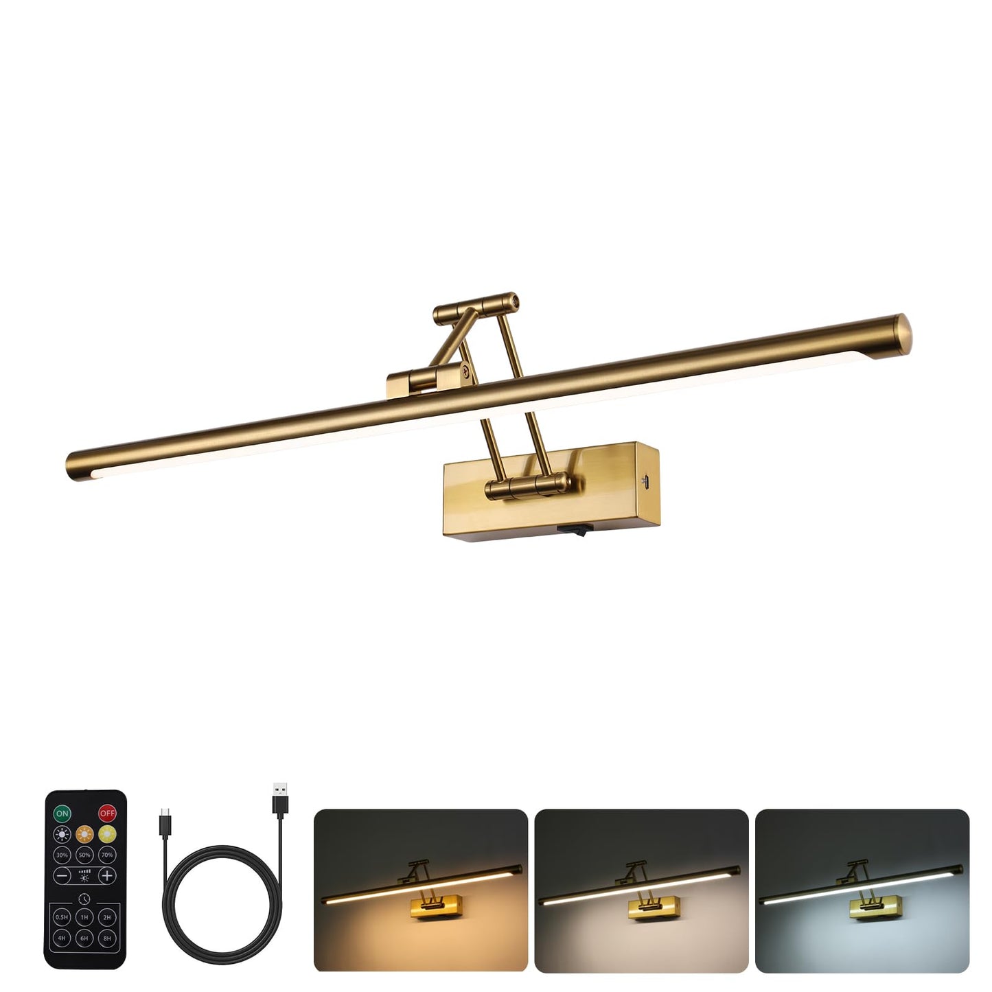 Yumcrelect Picture Light Battery Operated With Remote Led Dimmable Picture Light For discomfort-reducingtings  Brass Rechargeable 24 Inch Battery Operated Wall Sconce For Art Lighting Gallery Portrait Artwork