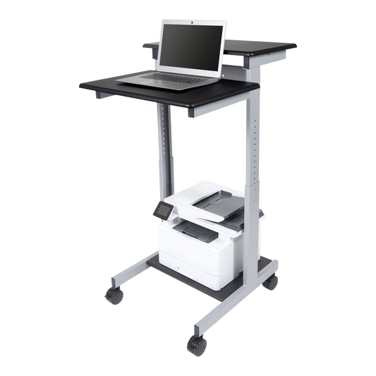 Stand Up Desk Store Rolling Adjustable Height Two Tier Standing Desk Computer Workstation (Silver Frame/Black Top, 24" Wide)