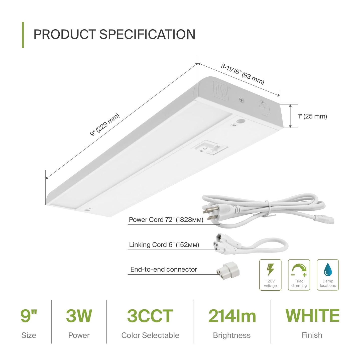 Asd Led Under Cabinet Lighting, 9 Inch, Dimmable, Hardwired/Plug-In, 3 Color Levels, Aluminum, White Finish, Model A-Ucl-9D3Cc-W