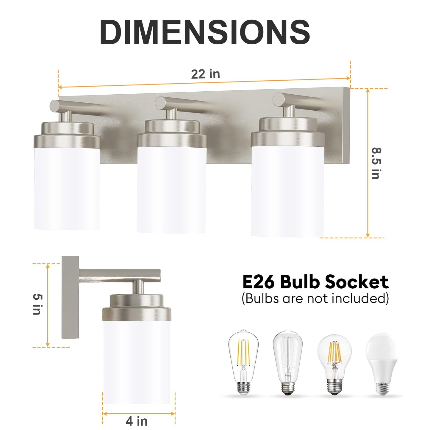 Izorro Bathroom Vanity Light Fixture  3-Light 22 Inch Brushed Nickel Bathroom Light Fixtures Over Mirror  With White Glass Shade  Modern Farmhouse Vanity Lights  Rustic Restroom Lighting Fixtures
