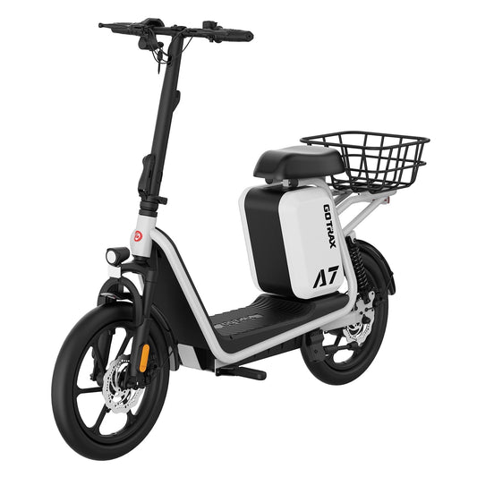 Gotrax A7 Electric Scooter for Adults-16 Pneumatic Tires, 500W Motor Hits 20 Mph, 28 Miles Range & 2 Gears, Comfortable Seat & Big Seat Bag, Wider Deck & Carry Basket for Daily Commuting White