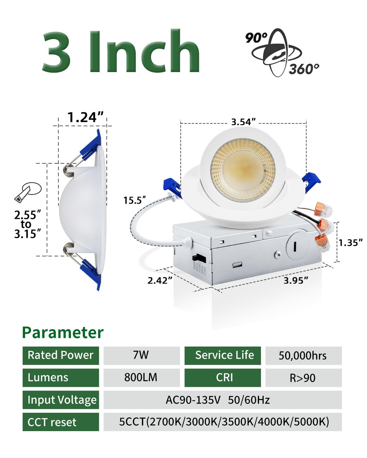 Zouzai 3 Inch Gimbal Led Recessed Lighting  360+90 Adjustable Directional Recessed Lights  2700K/3000K/3500K/4000K/5000K Dimmable Retrofit Eyeball Can Lights With Jbox Etl (White  12 Pack)