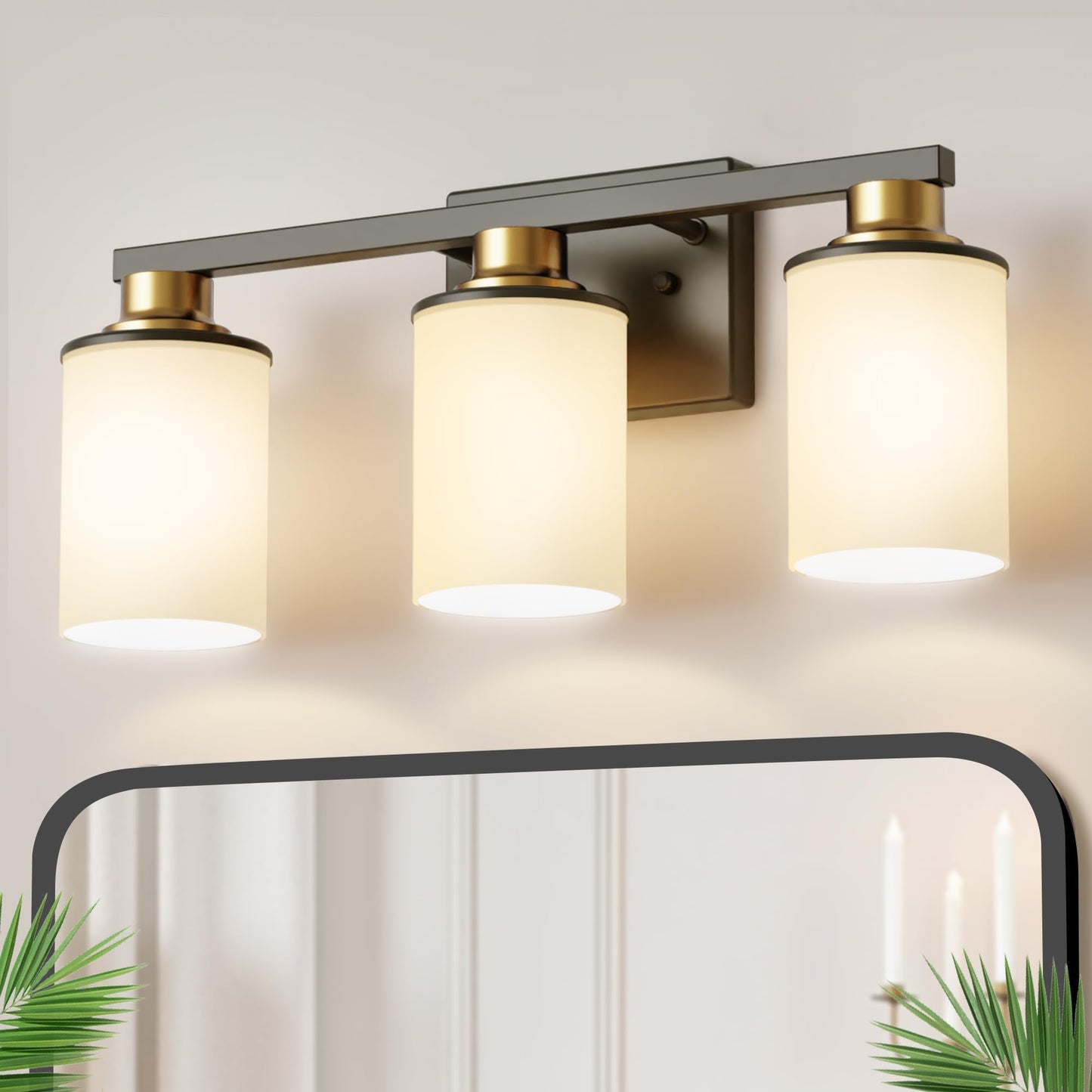 Doresshop 17 Inch Bathroom Light Fixtures  3-Light Black And Gold Bathroom Lighting Fixtures Over Mirror With Milk Glass Shade  Vanity Lights For Living Room Bedroom