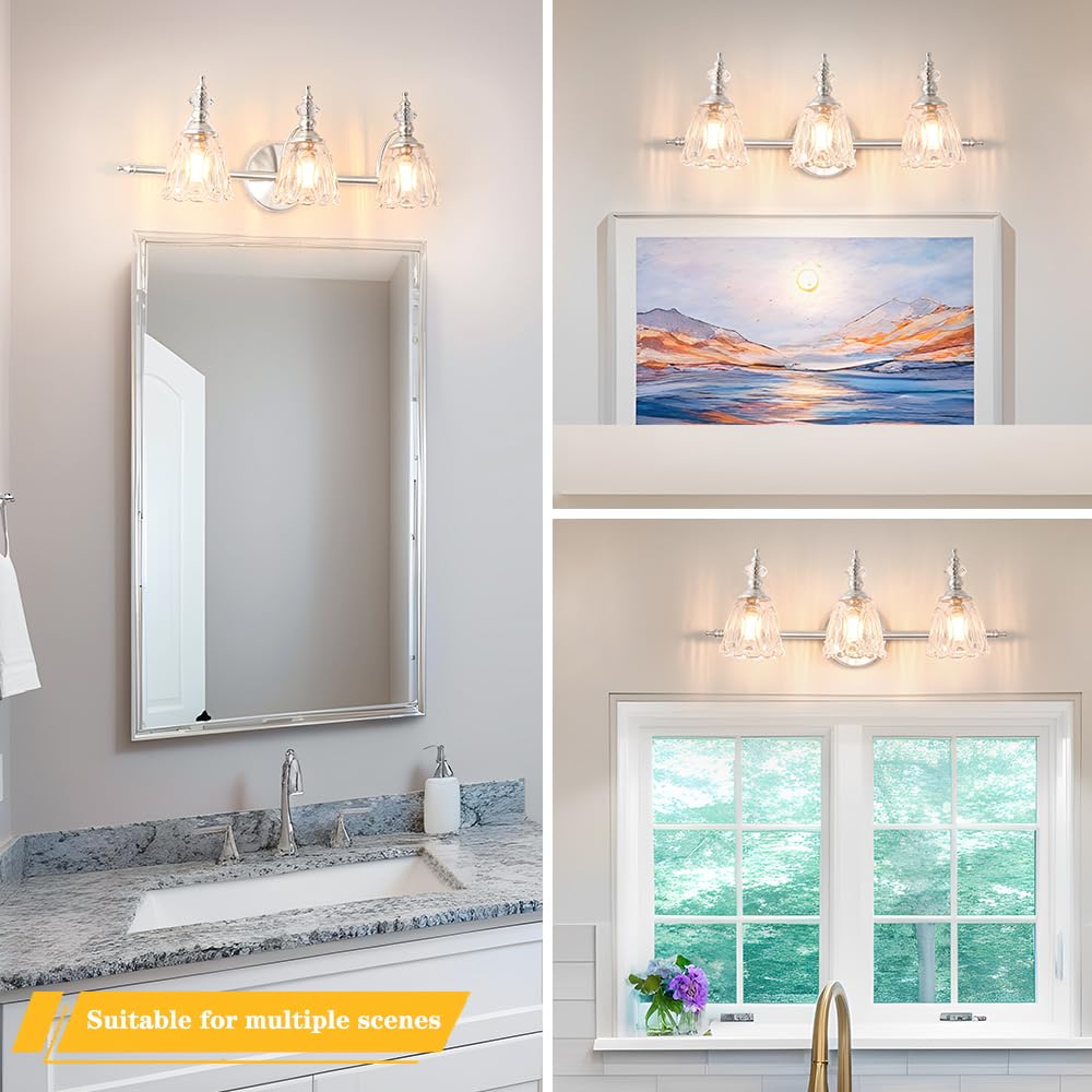 Ditoon Brushed Nickel Vanity Light  Antique Bathroom Vanity Light Over Mirror  3 Light Lighting Fixture With Flower Glass Shade  Farmhouse Sconces Wall Lighting For Hallway Living Room Bedroom