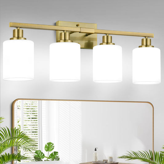 Mokatng 4-Light Bathroom Light Fixtures  Brass Vanity Light With Milky White Shades  Bathroom Lighting Fixtures Over Mirror  Modern Bathroom Wall Lamp For Mirror Living Room Cabinet Bedroom