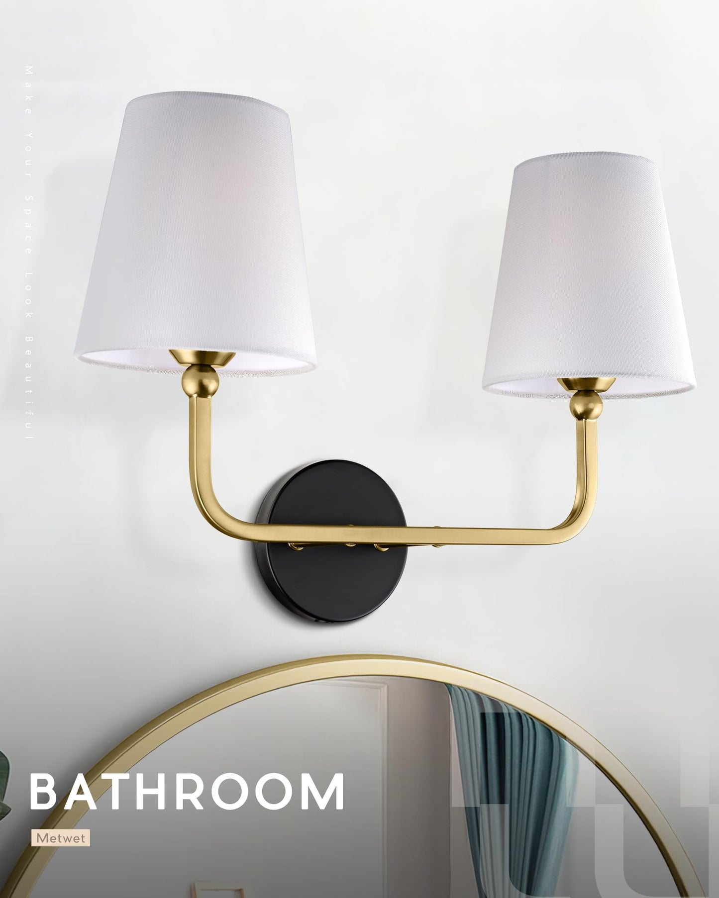 Metwet 2-Light Bathroom Light Fixtures  Black And Gold Vanity Lights  Double Wall Sconce With Flared White Fabric Shade  Modern Sconces Wall Lighting For Hallway Bedroom Stairway  Vl837-Kg-2