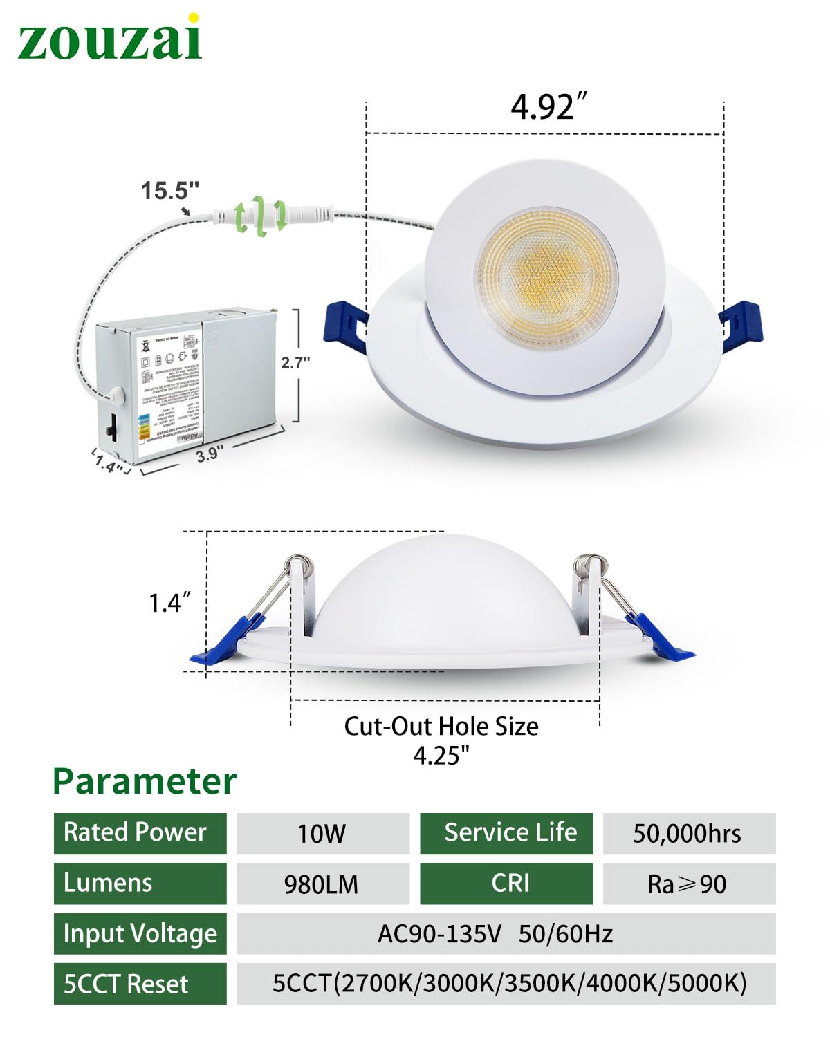 Zouzai 4 Inch Gimbal Led Recessed Lights  360+90 Adjustable Directional Recessed Lighting  2700K/3000K/3500K/4000K/5000K Dimmable Retrofit Eyeball Can Lights With Jbox Etl(White 12 Pack)