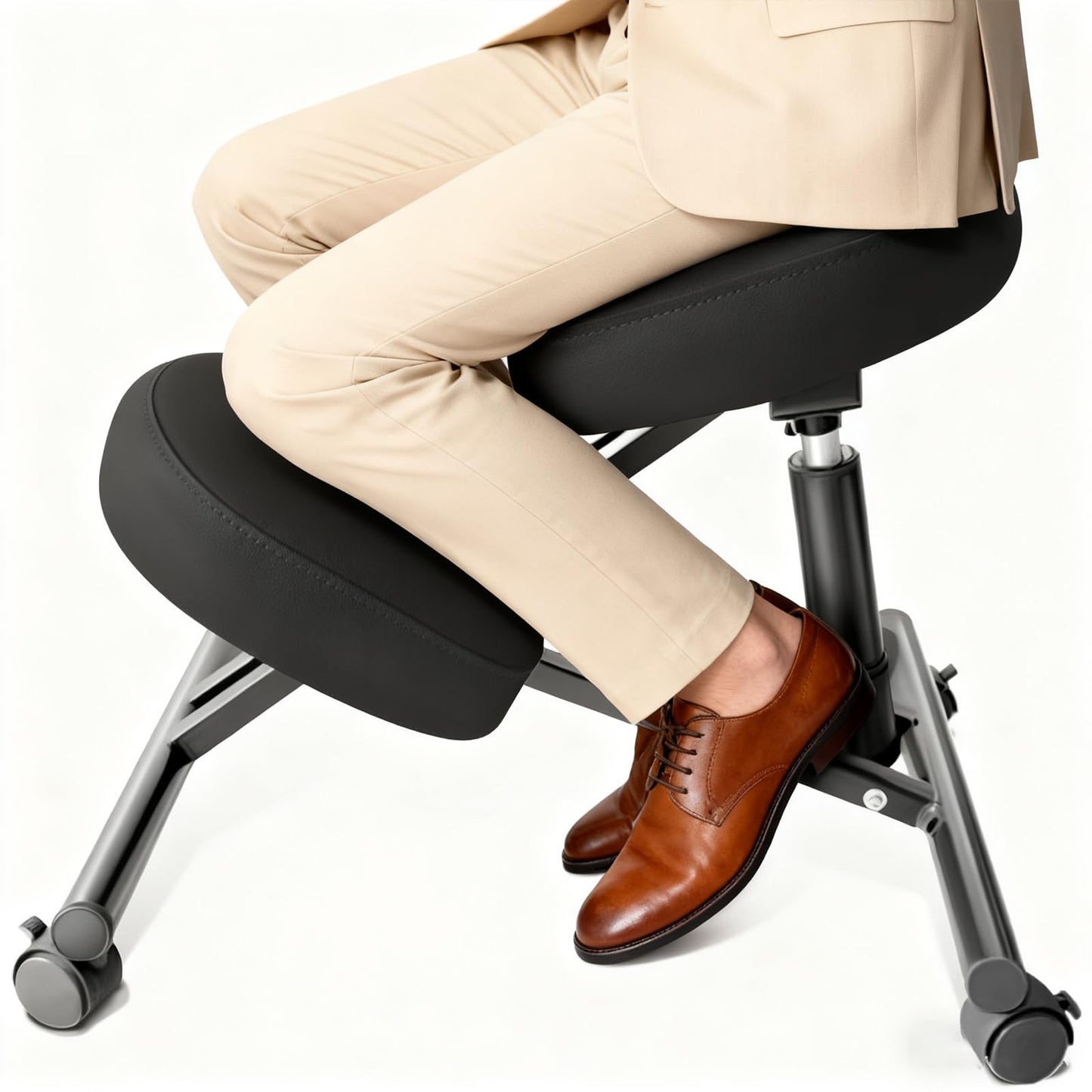 DENGTELI PU Leather Ergonomic Kneeling Chair, Adjustable Home and Office Stool with Thick Pads and Flexible Lockable Brake Wheels for Back Pain Relief(Black)