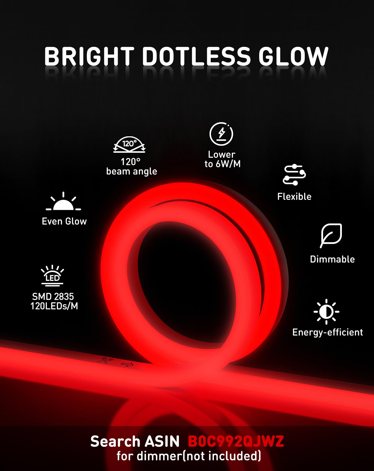Shine Decor LED Neon Rope Lights, 32.8FT Red, Flexible PVC, Outdoor Waterproof, 120 LEDs/M, Plug & Play