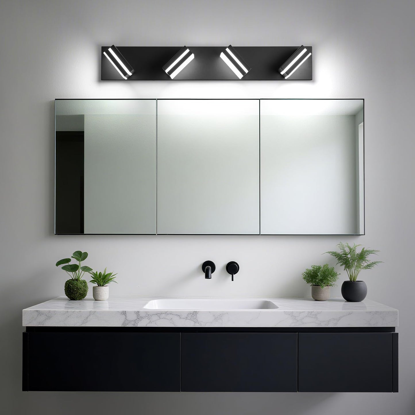 Jzekvn Modern Led Bathroom Lights Fixtures(4-Light) Metal Black Acrylic Wall Lighting Vanity Lights For Bathroom Over Mirror(6000K 27In
