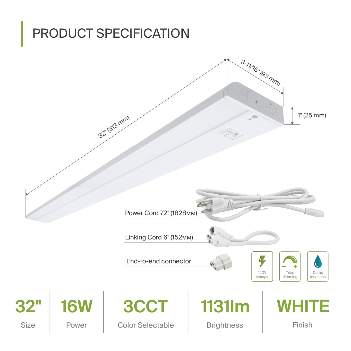 Asd Led Under Cabinet Lighting 32 Inch  Dimmable  Hardwired Or Plug-In Installation  3 Color Levels- 2700K/3000K/4000K  Linkable Kitchen Under Counter Lighting  Etl & Energy Star  White  12 Pack