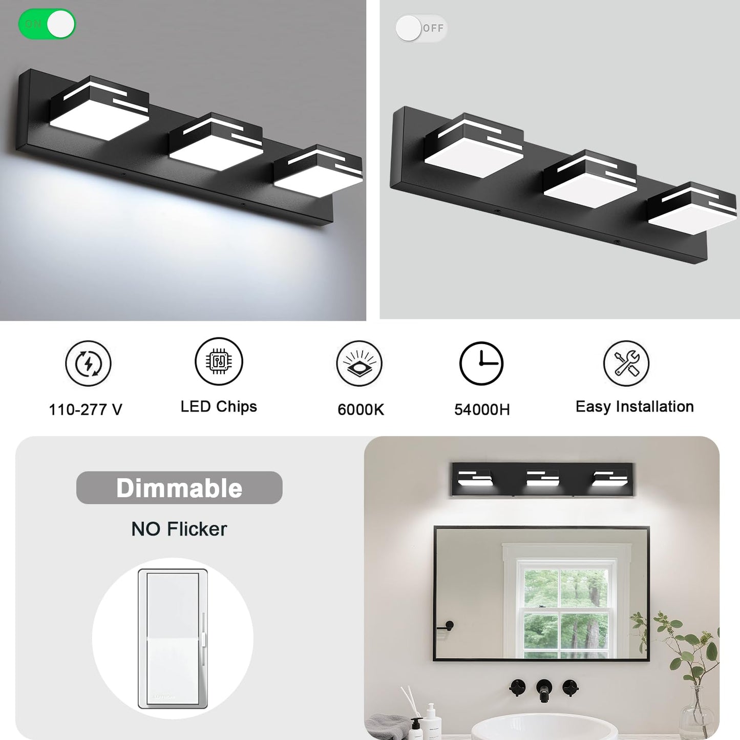Lkhf Led Modern Bathroom Vanity Light Fixtures  3-Light 22-Inch Dimmable Matte Black Vanity Lights For Bathroom Lighting Fixtures Over Mirror  With 350?Rotatable Acrylic Heads (Cool White 6000K)