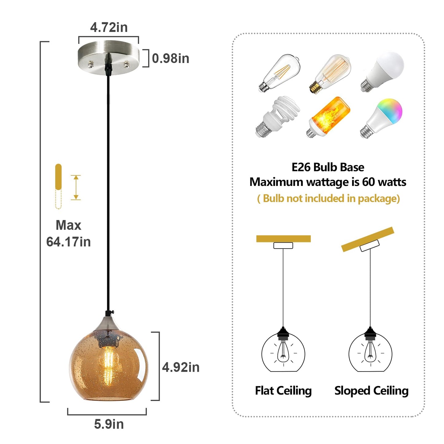 Lbsqj Amber Glass Pendant Lights Kitchen Island Globe Pendant Light Fixtures Modern Pendant Lighting For Bedroom Living Dining Room Light Fixture (5.9 In  1 Pack)