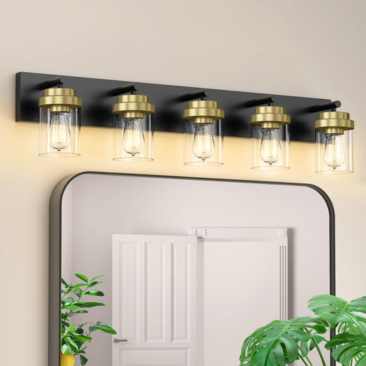 Izorro Bathroom Vanity Light Fixture  5-Light 36 Inch Black And Gold Bathroom Light Fixtures Over Mirror  With Clear Glass Shade  Modern Farmhouse Vanity Lights  Rustic Restroom Lighting Fixtures