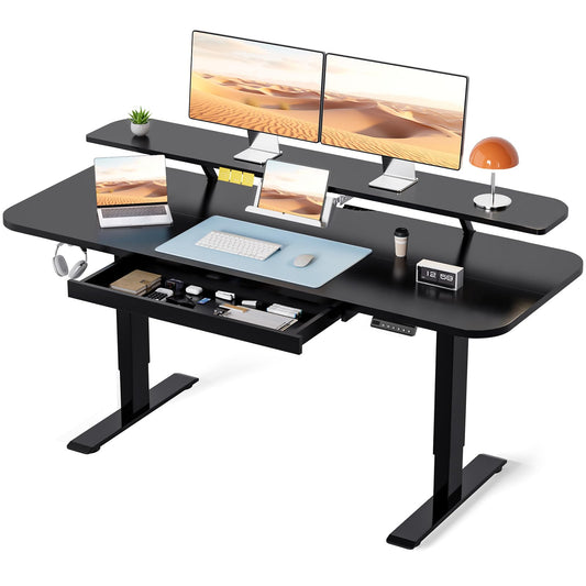 COMHOMA Electric Standing Desk with Drawers, 55 x 24 Inch Sit Stand up Desk with Monitor Stand, Laptop Stand, Height Adjustable Home Office Computer Desks with Memory Preset Controller (Ebony Black)