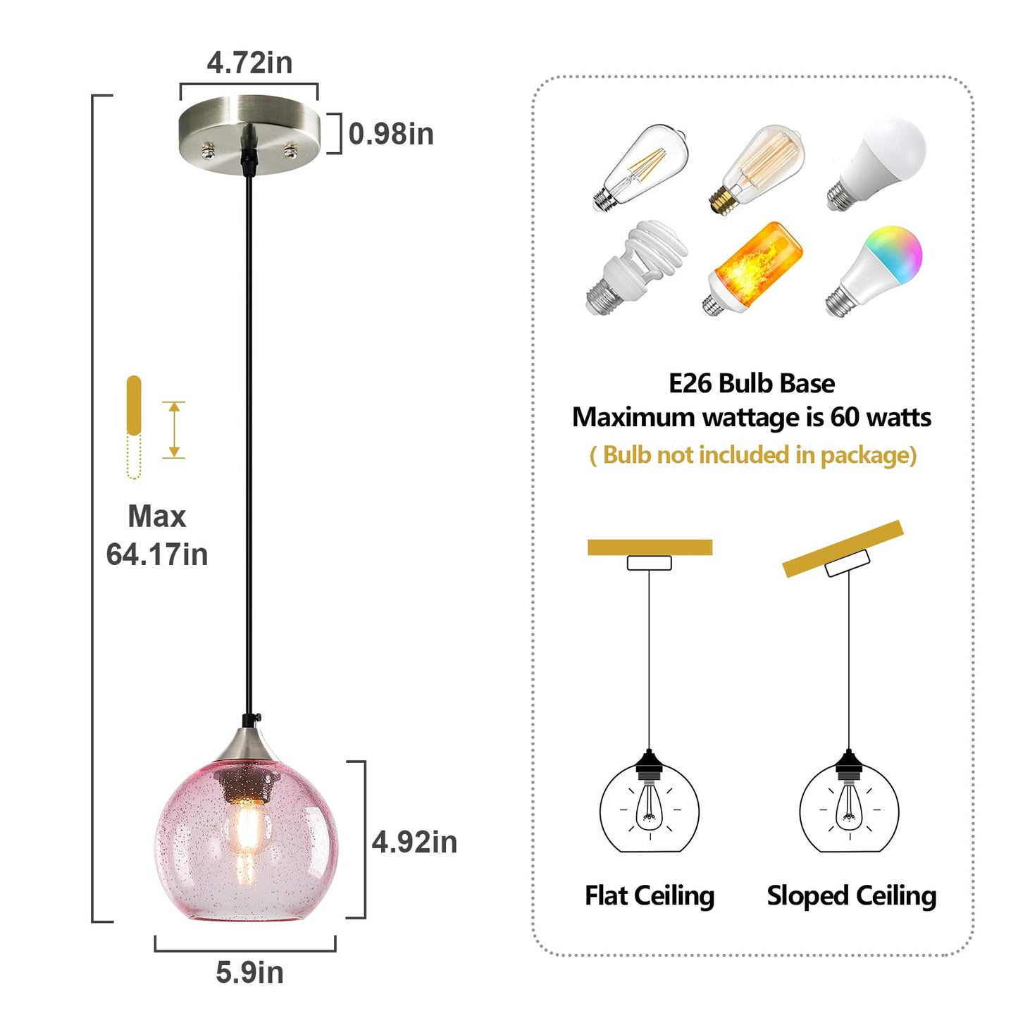 Lbsqj Pink Glass Pendant Lights Kitchen Island Globe Pendant Light Fixtures Modern Pendant Lighting For Bedroom Living Dining Room Light Fixture (5.9 In  2 Pack)