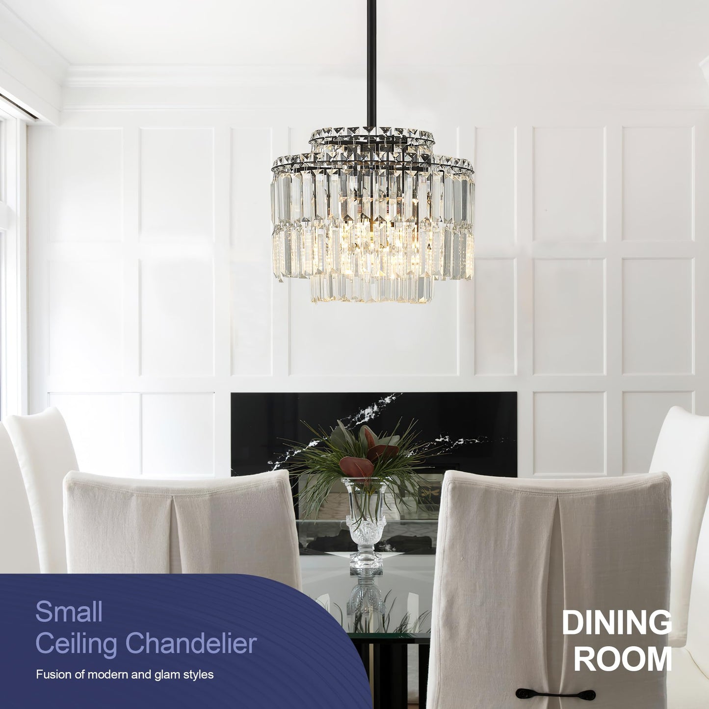 Lighceac Modern 12.8 Black Crystal Chandelier Ceiling Light Fixtures For Dining Room stylish Glam 4-Light Crystal Chandeliers Lighting For Bedroom Entryway Hallway Living Room Kitchen Island Foyer