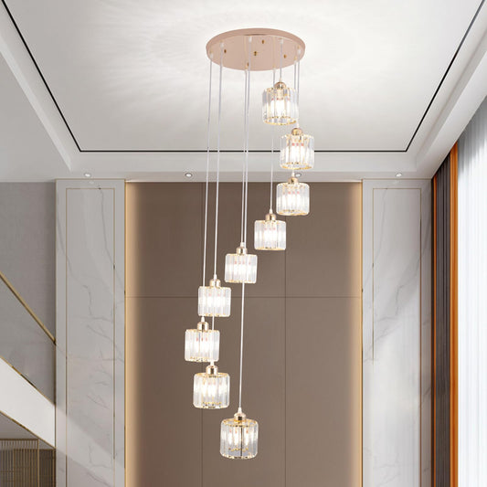 Cainjiazh High Ceilings Long Chandeliers Modern Crystal Pendant Light Raindrop Drop Lamp Hanging Chandeliers Flush Mount Lighting Fixtures For Staircase Foyer Entryway Gold 9 Lights