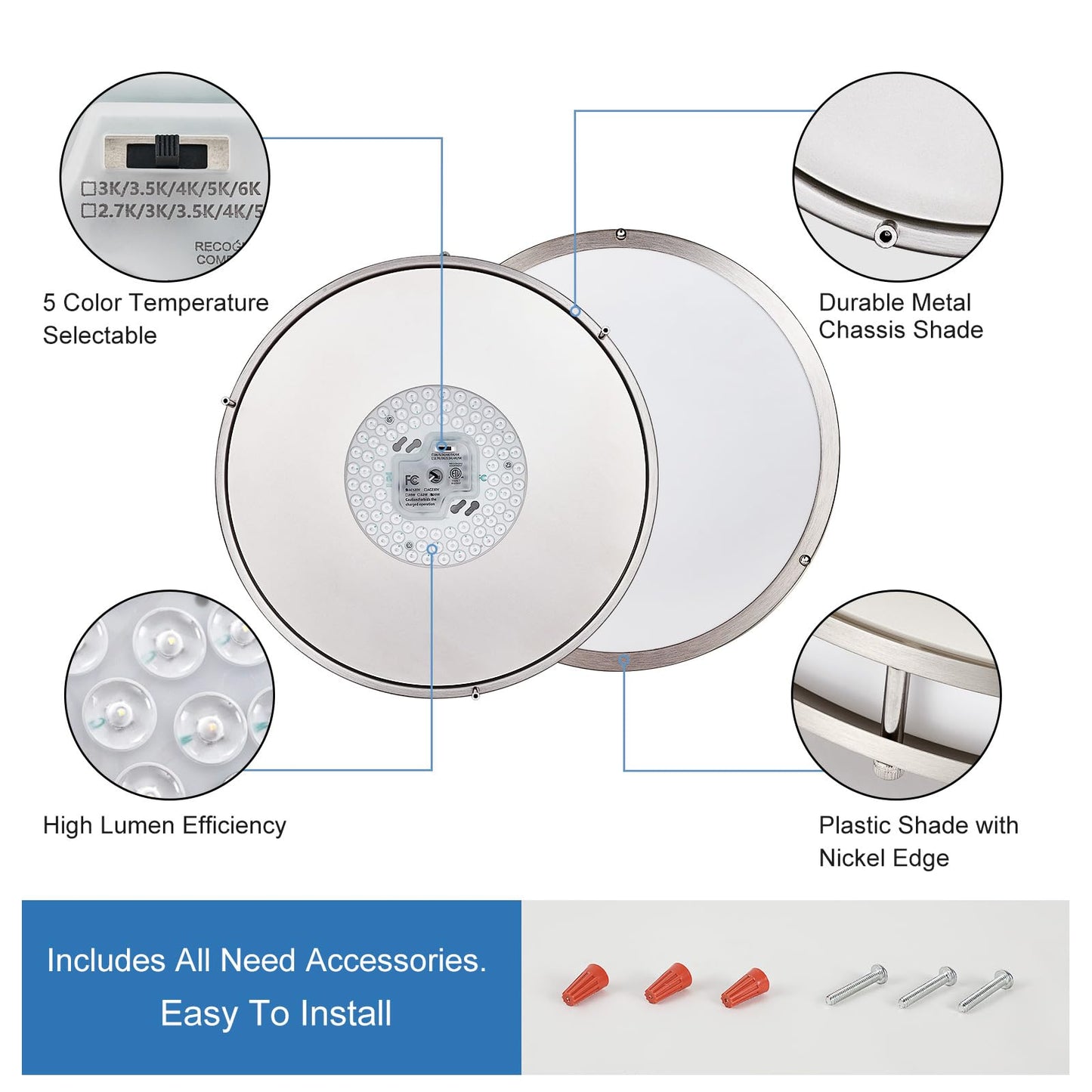 Dllt Flush Mount Led Ceiling Light: 16 Inch 5Cct (3000K-6000K) & Dimmable Ceiling Light Fixtures For Bedroom Hallway - 36W Modern Brushed Nickel Super Bright Kitchen Lighting Fixtures Ceiling