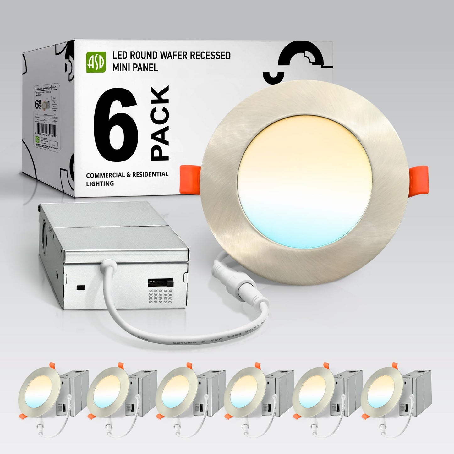 Asd 6 Pack Led Recessed Lighting 4 Inch 9W  5 Cct 2700K-5000K Cri90+  Ic Rated Ultra Thin Dimmable Ceiling Lights With J Box  Canless Wafer Downlight  Round Slim Panel Light  Energy Star Etl  Nickel