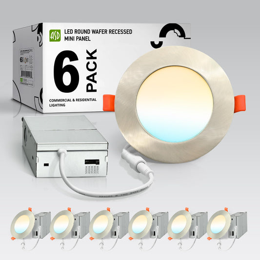 Asd 6 Pack Led Recessed Lighting 4 Inch 9W  5 Cct 2700K-5000K Cri90+  Ic Rated Ultra Thin Dimmable Ceiling Lights With J Box  Canless Wafer Downlight  Round Slim Panel Light  Energy Star Etl  Nickel
