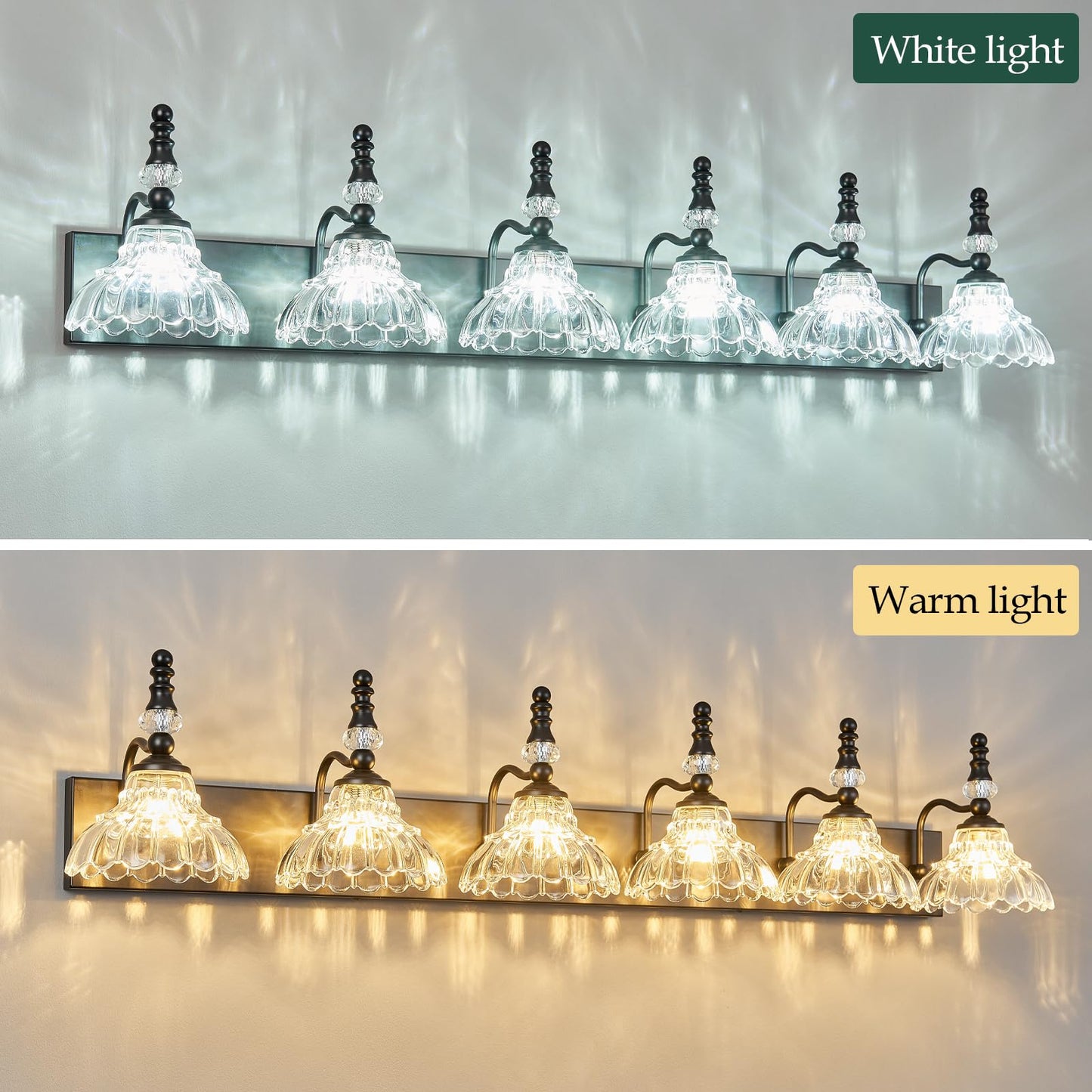 Lbsqj Vintage Bathroom Vanity Light  6-Light Black Vanity Lighting Fixture With Flower Glass Shade  Bathroom Lighting Fixtures Over Mirror