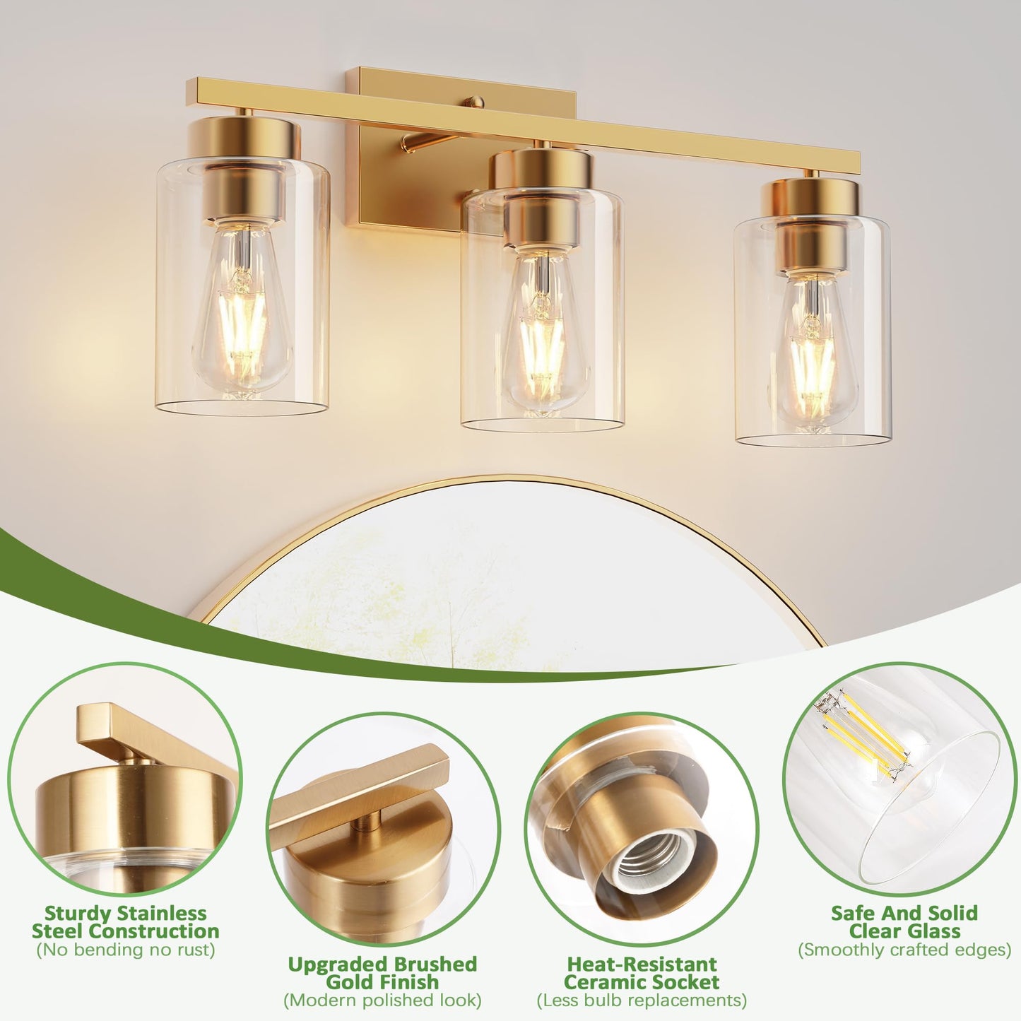 Partphoner 3-Light Bathroom Light Fixtures  Brushed Gold Vanity Light With Clear Glass Shade  Modern Wall Sconce For Mirror Bedroom Living Room Hallway Lighting