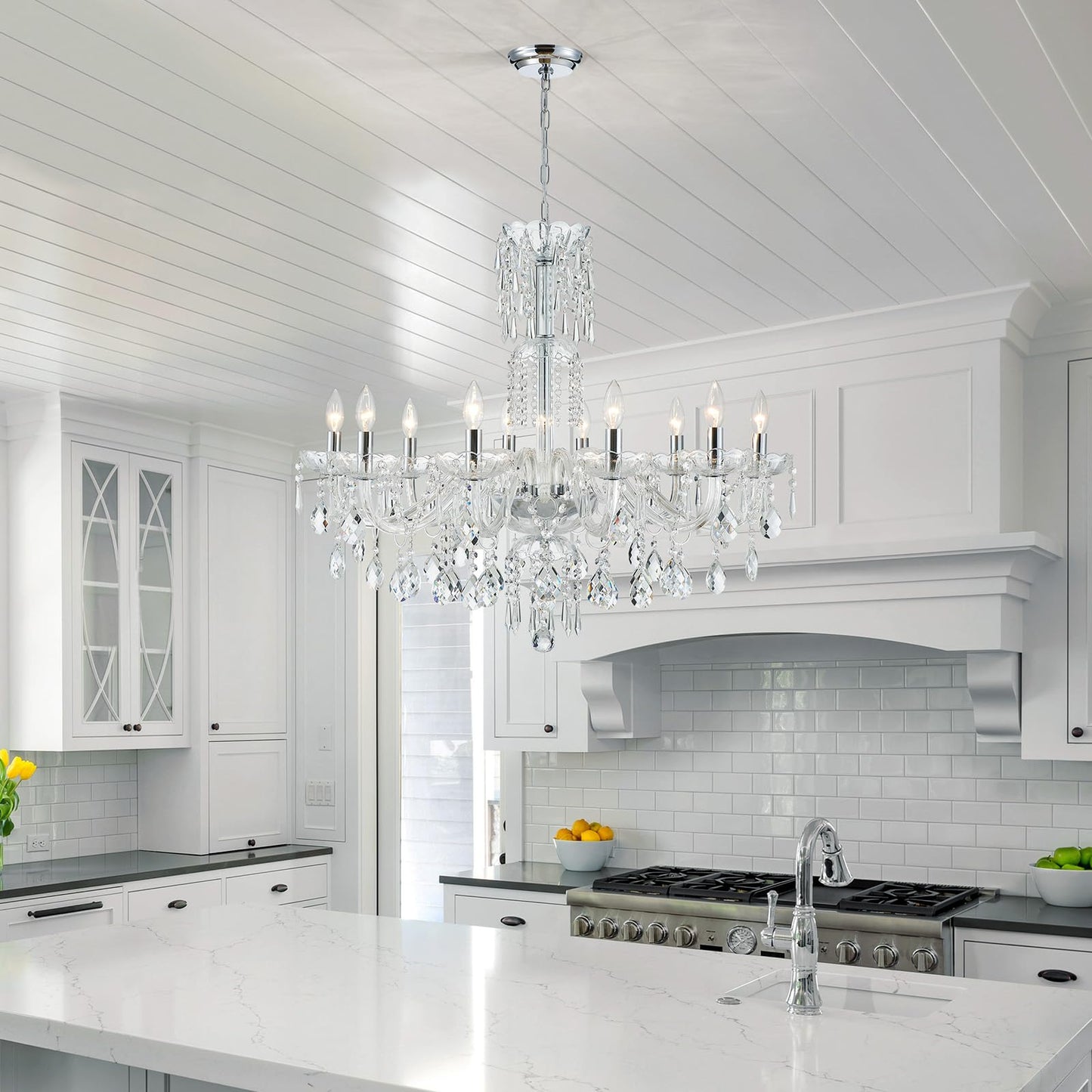 Wuzups 10-Light Crystal Candle Chandelier Pendant Ceiling Light Modern Lighting Fixture For Bedroom Hallway Bar Kitchen Bathroom  H 26.7 W 33.9  E12 Base  Chrome