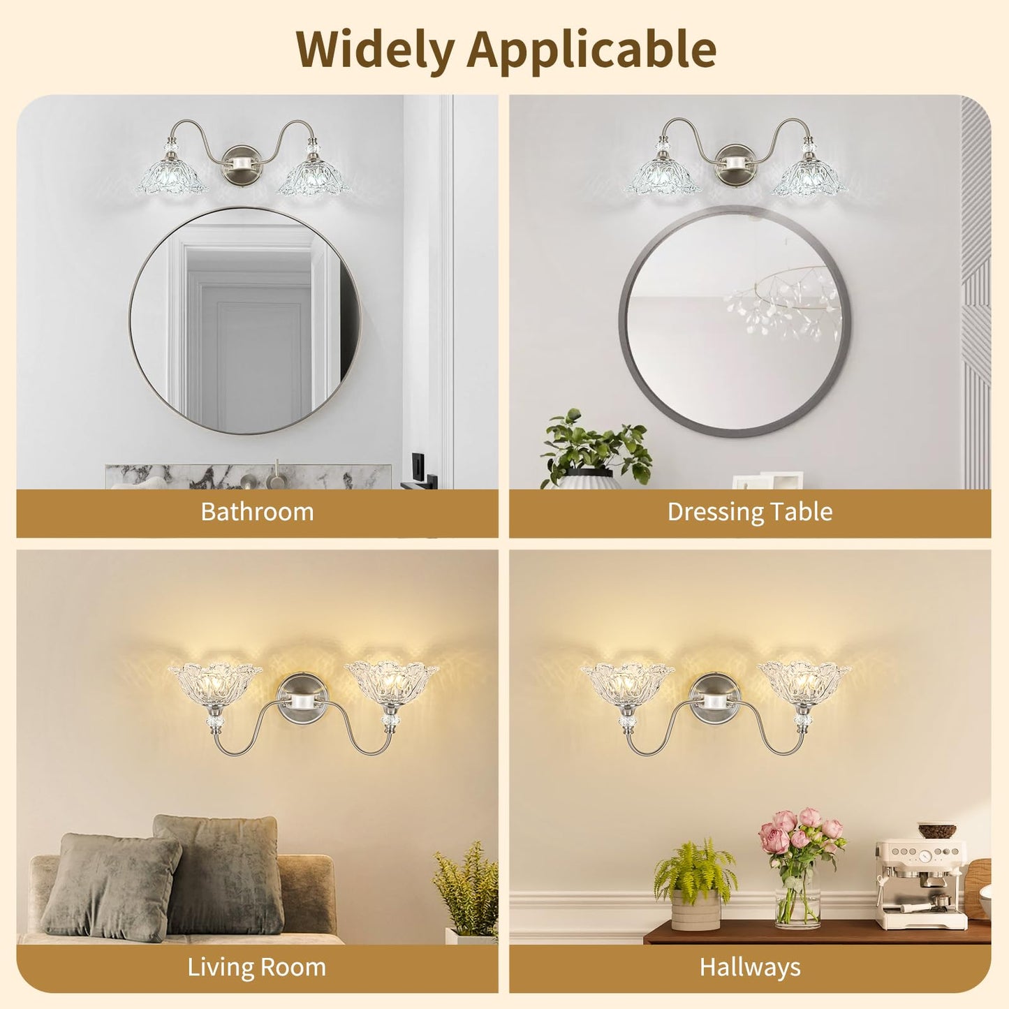 Sunkryster Brushed Nickel Bathroom Vanity Light  2-Light Vanity Light With Floral Clear Glass Shades  Nickel Wall Mount Lighting For Bathroom  Dressing Table