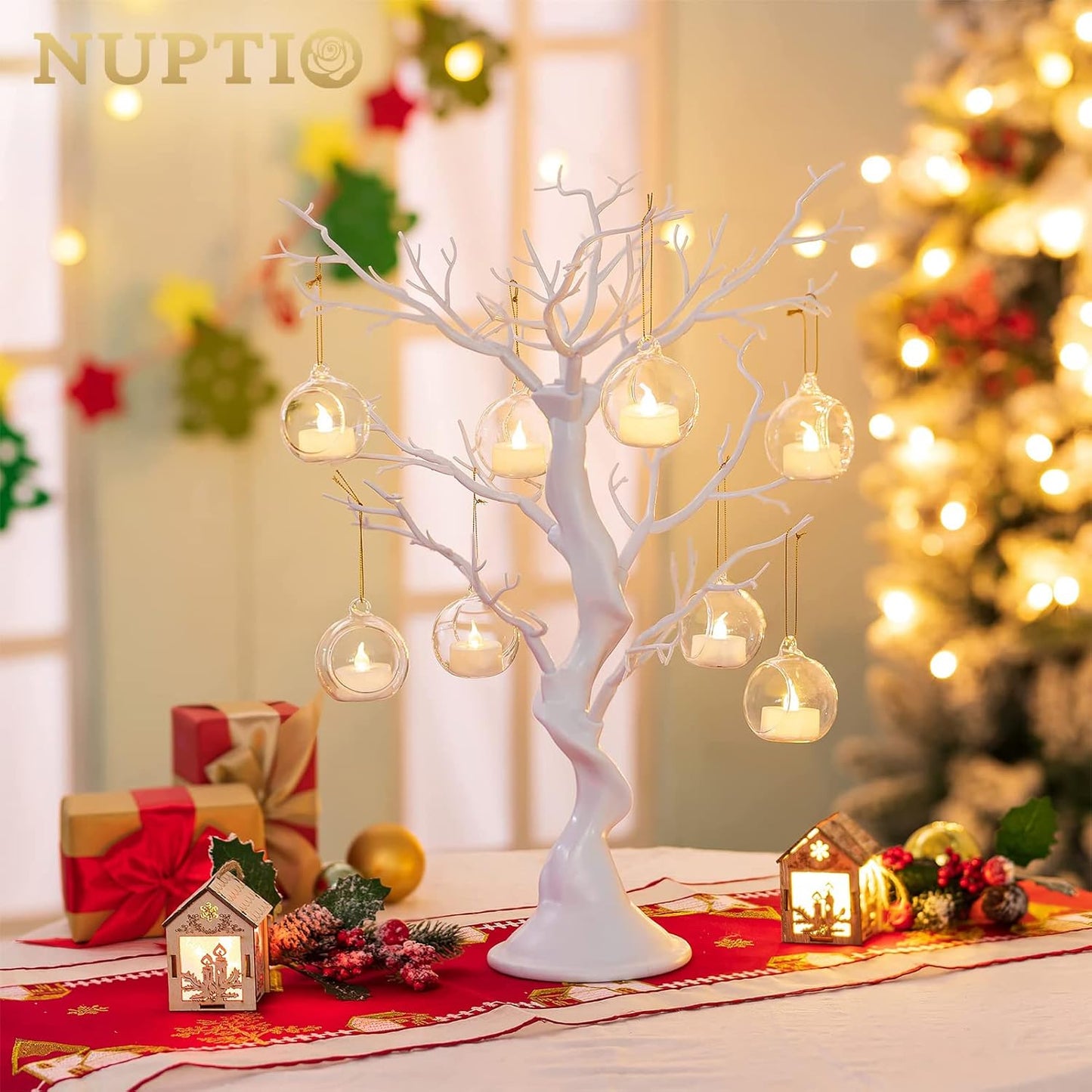 108 Pcs Mini Hanging Tealight Holder with LED Candles, 2.36in Hanging Glass Globes Candle Holder, Hanging Glass Terrarium Glass containers for Wedding Party Tree Decoration (Contains LED Candles)