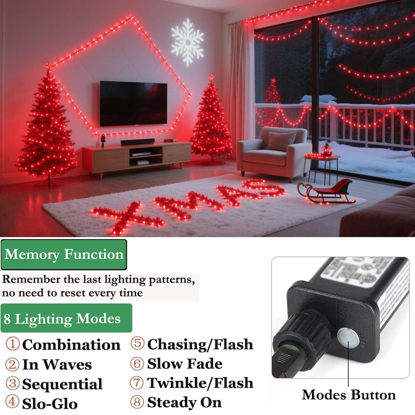 Tcamp 306Ft 1000 Led Red Christmas Lights  8 Modes Christmas Tree Lights With Timer Memory Function  Green Wire Starry Fairy String Light For Xmas Tree Outdoor Indoor Decor