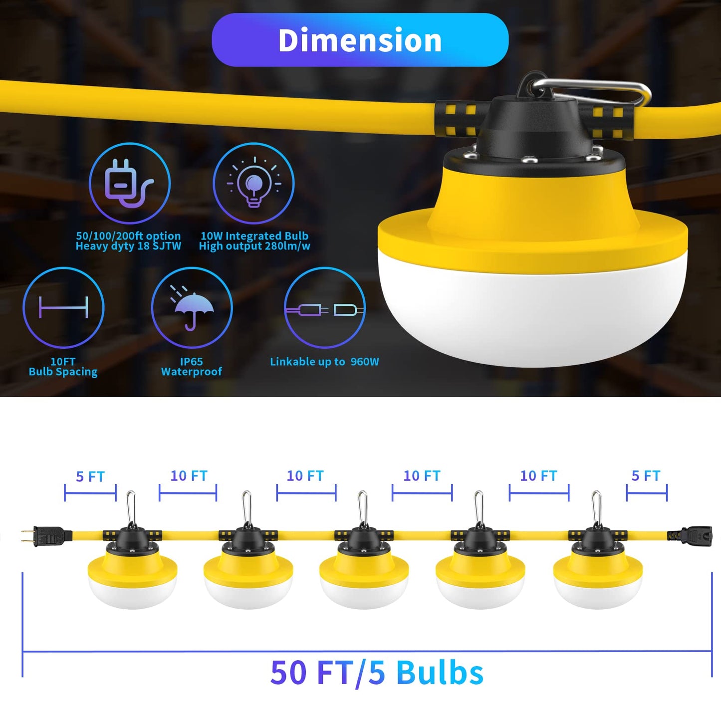 Muasdae 200FT Construction String Lights LED, Yellow, 2 Prong, Industrial Grade for Outdoor Lighting, Includes Climbing Hook