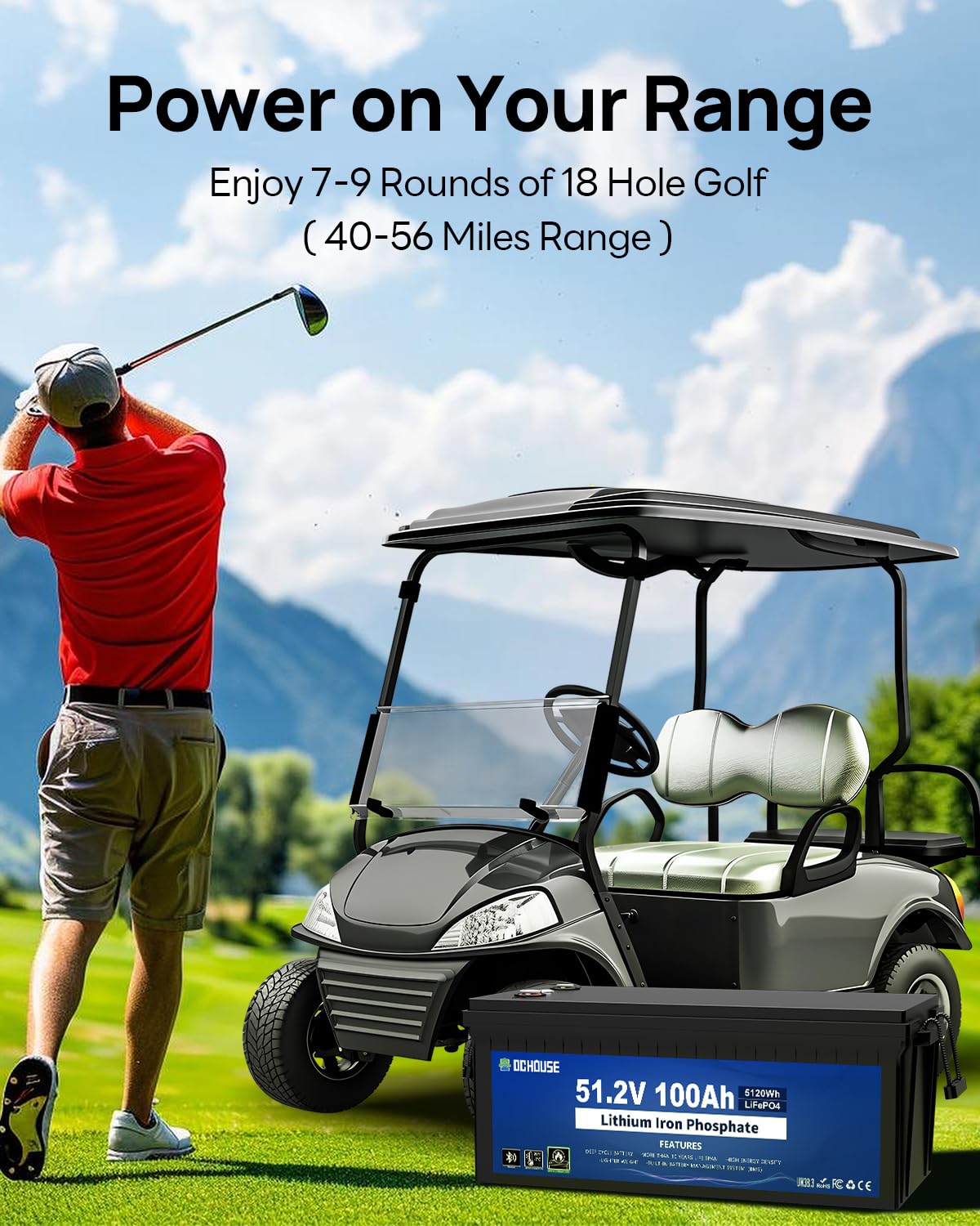 DC HOUSE 48V 100Ah Lithium Golf Cart Battery w/Switch, Lifepo4 Battery with 48V 18A Lithium Batteries Charger, Smart 200A BMS, LCD Monitor & Mobile APP, Peak Current 700A (ABS Case)