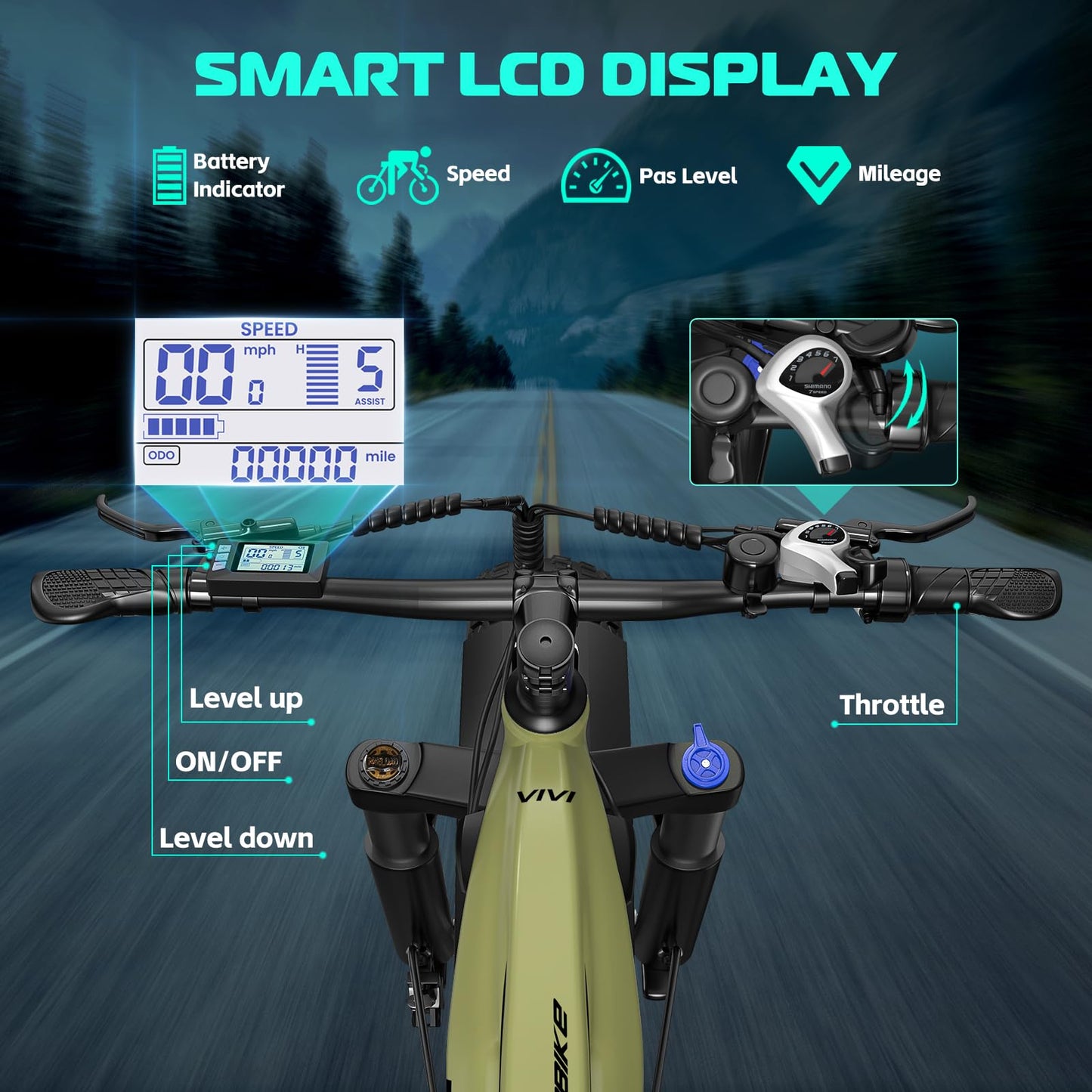 Vivi ACE01 Electric Bike for Adults,26" x 4.0 Fat Tire Ebike,1500W Peak Motor Torque Sensor Electric Mountain Bike,25MPH Electric Bicycle with 48V 15AH Battery,Hydraulic Brake,SGS Certified to UL2849