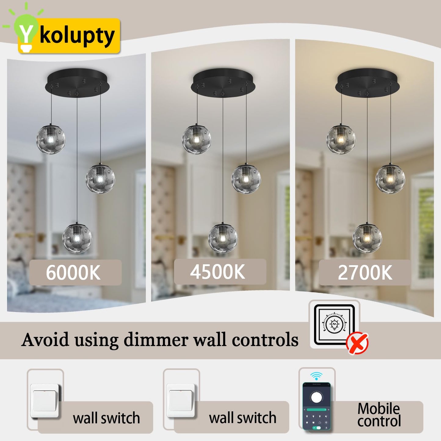 Ykolupty 3-Light Black Pendant Light Fixtures Modern Smoke Gray Glass Globe Pendant Lights Kitchen Island Adjustable Hanging Lights Globe Stairwell Lighting Black Chandelier For Dining Room