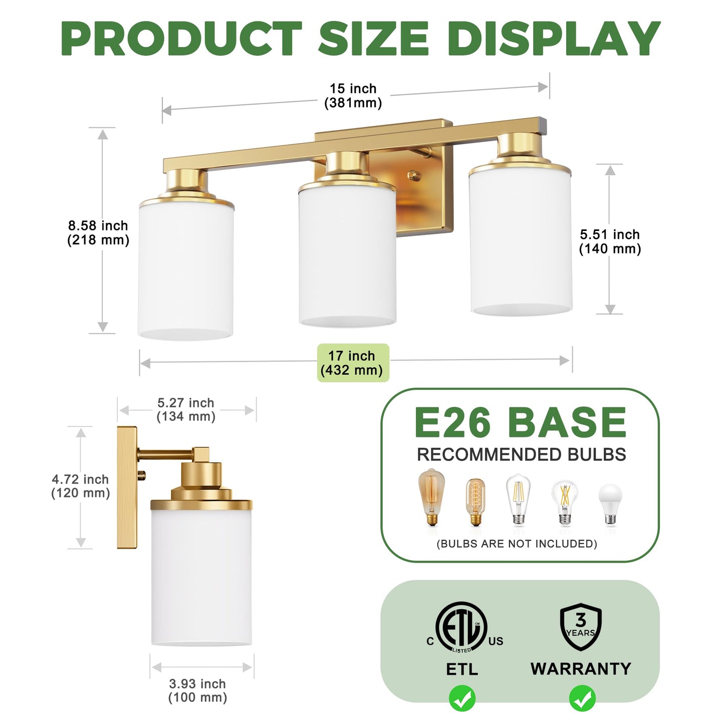 Doresshop 17 Inch Bathroom Light Fixtures  3-Light Brass Bathroom Lighting Fixtures Over Mirror With Milk Glass Shade  Vanity Lights For Living Room Bedroom