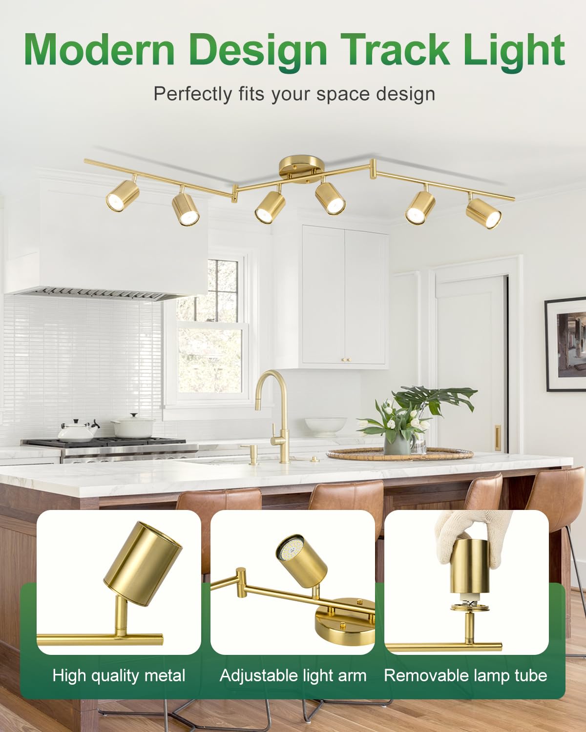 Fondiiz 6 Ways Track Lighting  Rotatable Heads Tracks Light  Track Lightings Fixtures Ceiling With Foldable Arms  Brushed Gold Tracks Light For Kitchen  Living Room  Hallway(Bulbs Not Included)