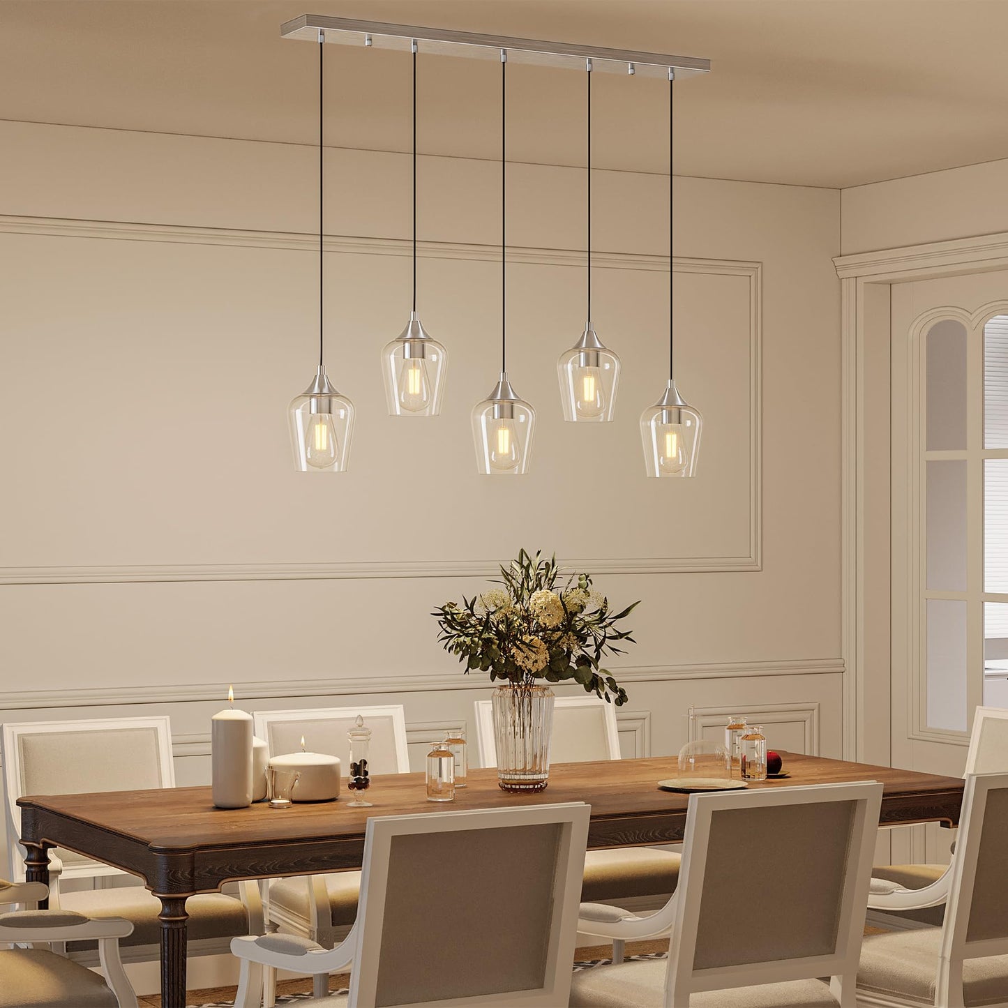 Vonluce 5-Light Pendant Light Kitchen Island  Pendant Light Fixture With 10-55 Height  Modern Pendant Lighting With Wine Glass Shades For Living Room Hallway  Brushed Nickel  Etl Certificated