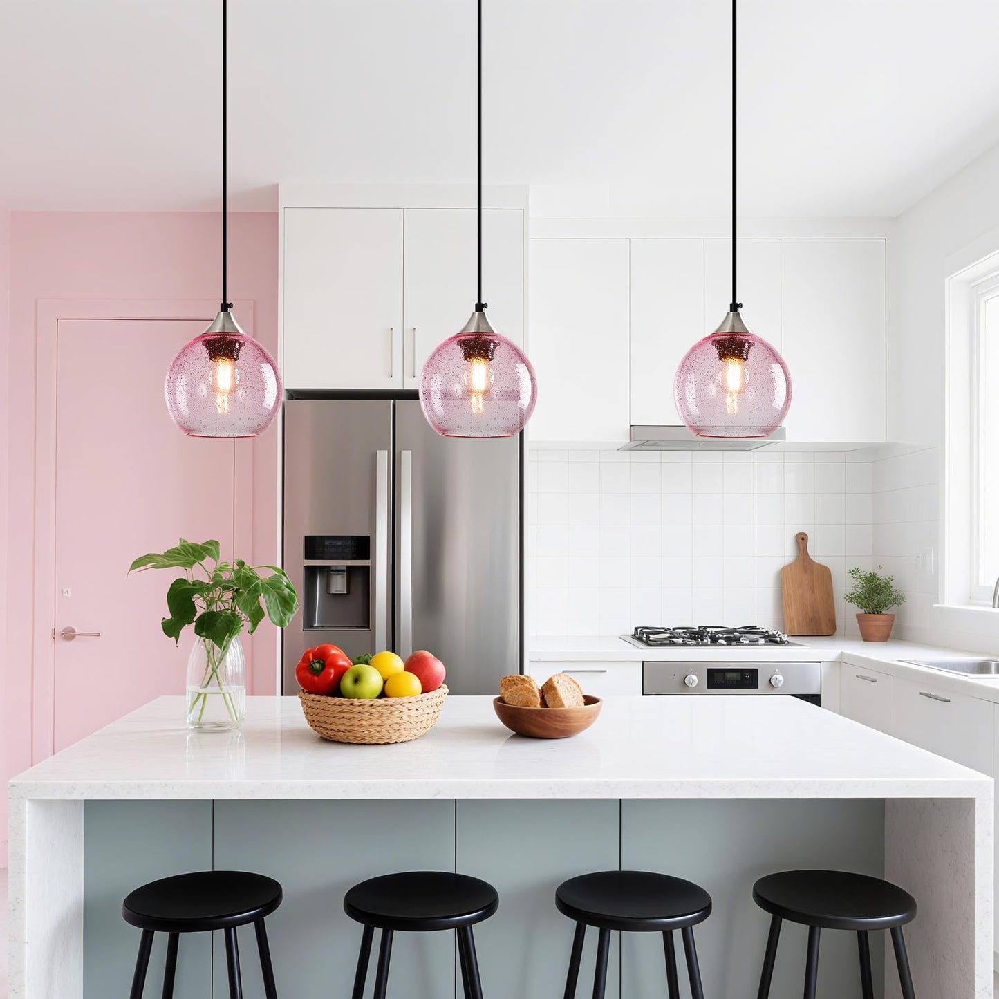 Lbsqj Pink Glass Pendant Lights Kitchen Island Globe Pendant Light Fixtures Modern Pendant Lighting For Bedroom Living Dining Room Light Fixture (5.9 In  2 Pack)