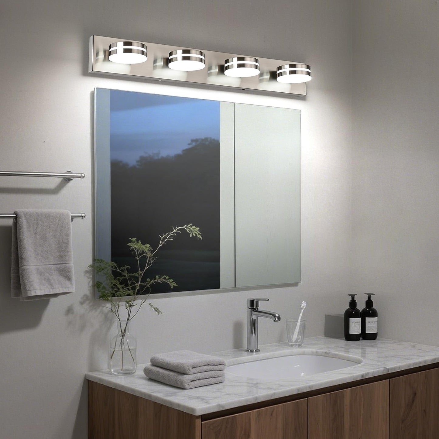 Bicrink Brushed Nickel Vanity Lights For Bathroom  4-Light Bathroom Light Fixtures Over Mirror  Led Dimmable Bath Lighting Fixture  Modern Wall Mounted Lighting Fixture