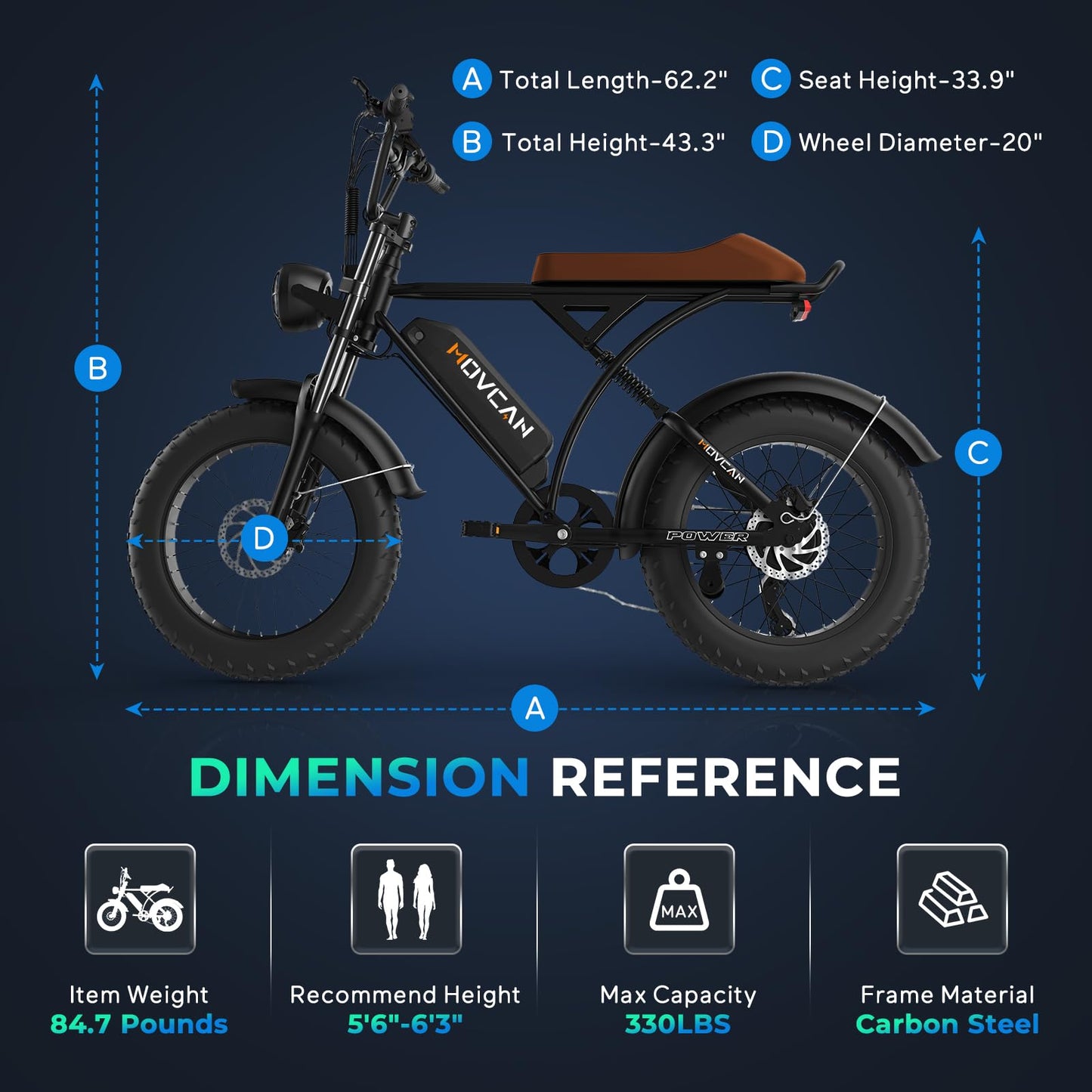 Movcan V60/V60 Pro Electric Bike, 48V 15.6/18.2Ah Removable Battery 20” Fat Tire Electric Bike, 1000/1500W Motor 30/33MPH Top Speed Electric Motorcycle, for Commute/Offroad/School/Rain/Snow Riding.