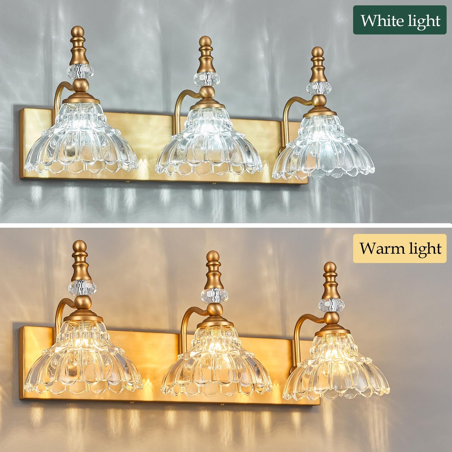 Lbsqj Vintage Bathroom Vanity Light  3-Light Brass Vanity Lighting Fixture With Flower Glass Shade  Bathroom Lighting Fixtures Over Mirror