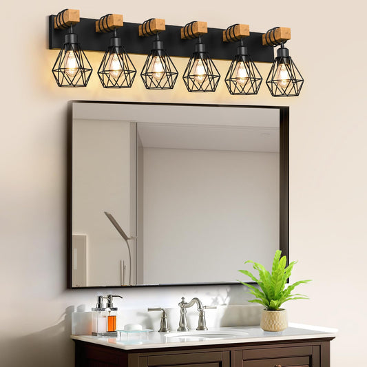 Izorro Farmhouse Bathroom Vanity Light Fixtures  6-Light Wood Bathroom Lighting Fixtures Over Mirror  Black Rustic Industrial Sconces Wall Lights With Metal Lampshade For Living Room  Bedroom