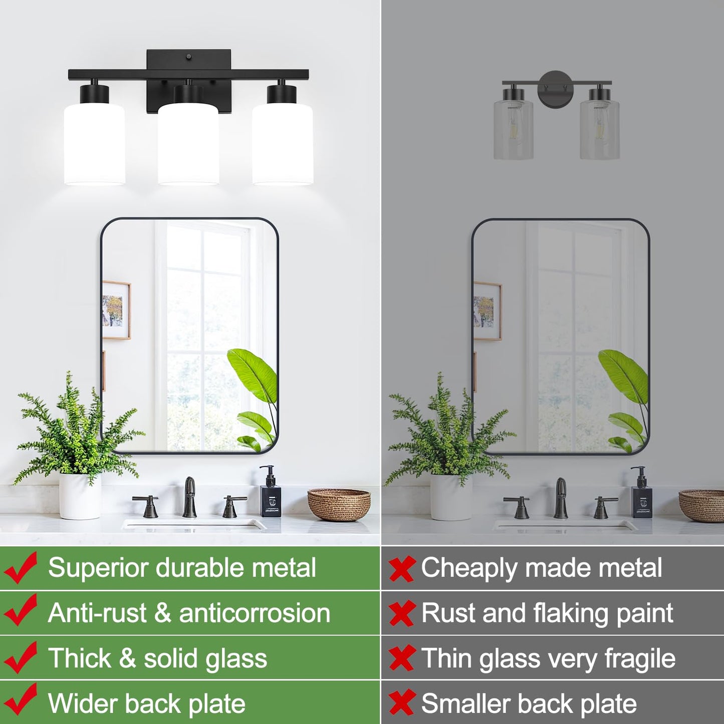 Meybiok 3-Light Bathroom Light Fixtures  Black Vanity Lighting Fixtures With Milky White Frosted Glass Shades  Bathroom Wall Lamp With E26 Socket  For Mirror  Living Room  Bedroom
