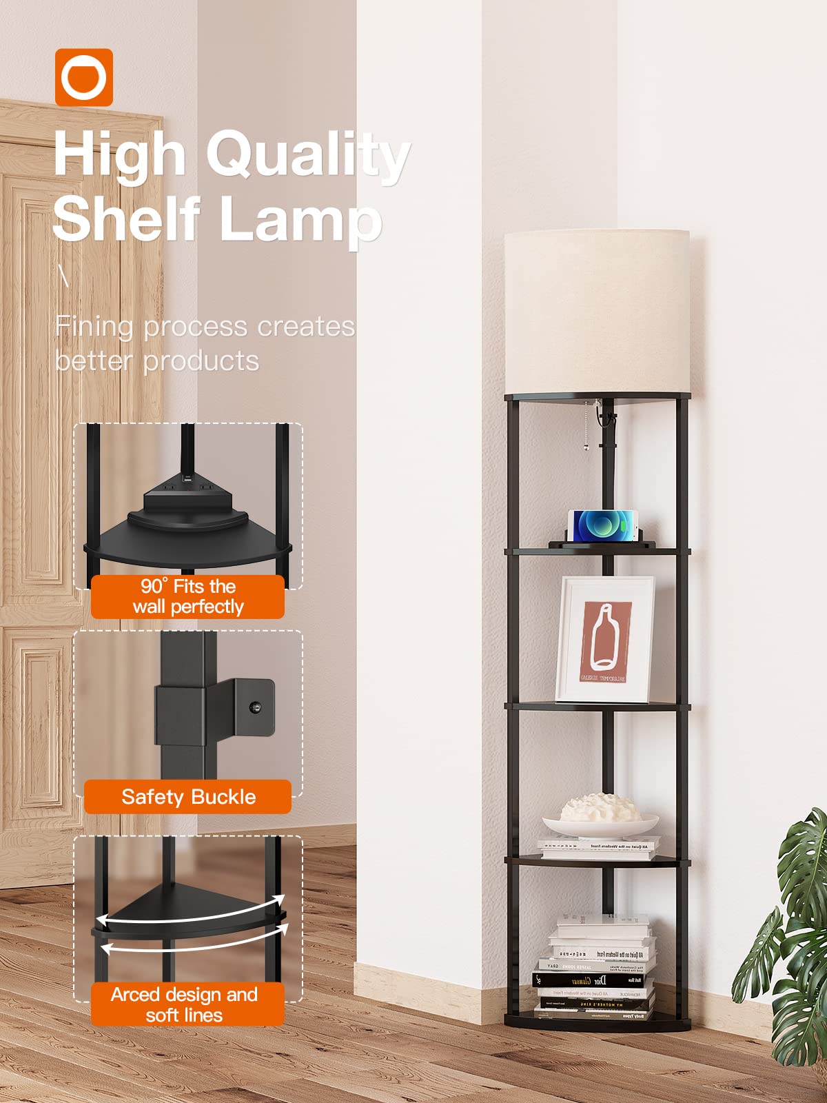addlon 5-Tier Corner Shelf Floor Lamp, USB Port, 3CCT LED Bulb, 70Inch, Black, Model FLAD007