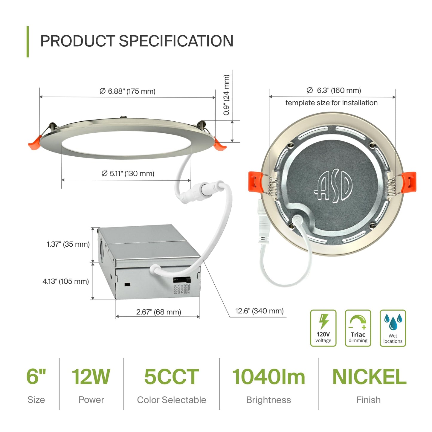 Asd 6 Pack Led Recessed Lighting 6 Inch 12W  5 Cct 2700K-5000K Cri90+  Ic Rated Ultra Thin Dimmable Ceiling Lights With J Box  Canless Wafer Downlight  Round Slim Panel Light  Energy Star Etl  Nickel