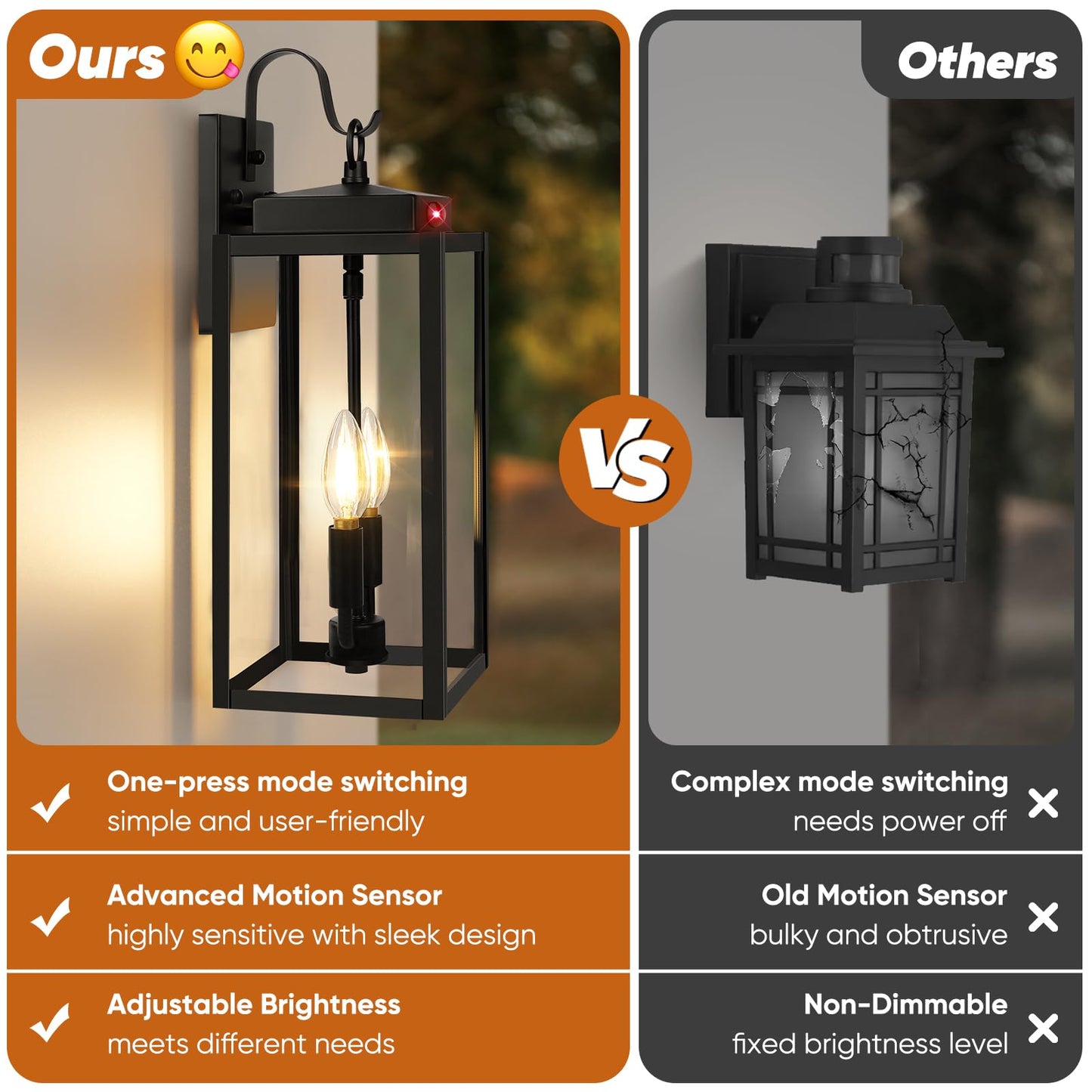 Beslowe 17.5  Upgraded Motion Sensor Outdoor Wall Lights  Dusk To Dawn Porch Lights Outdoor Wall Sconces  3 Lighting Modes Exterior Lighting Fixtures With Hooks  Black Outside Lights For House  2-Pack
