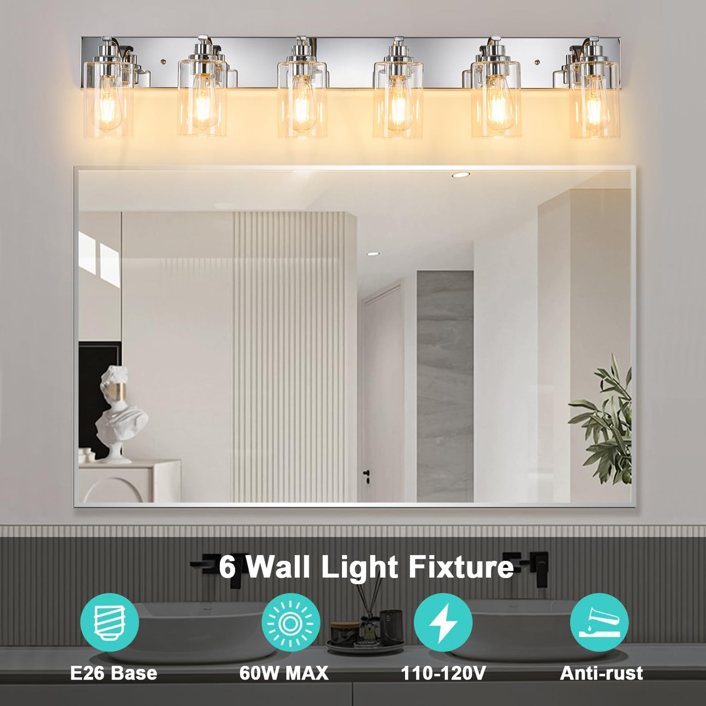 Alaislyc 6-Light Bathroom Light Fixtures Modern Chrome Vanity Lights For Bathroom Lighting Fixtures Over Mirror With Clear Glass Shade For Cabinet Mirror Bedroom Hallway