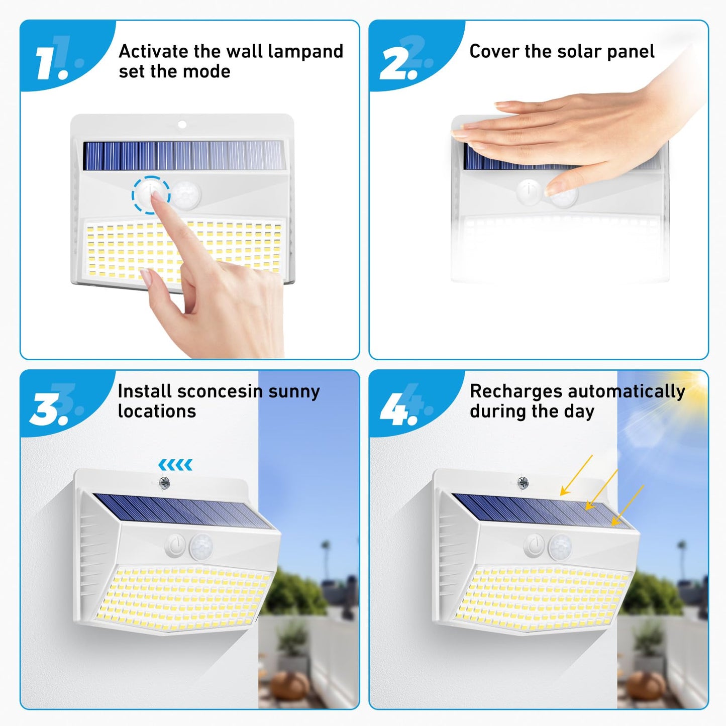 Peasur Solar Outdoor Lights  [8 Packs] Motion Sensor Security Lights With 3 Lighting Modes Wall Lights Waterproof Solar Powered Lights For Garden Yard White
