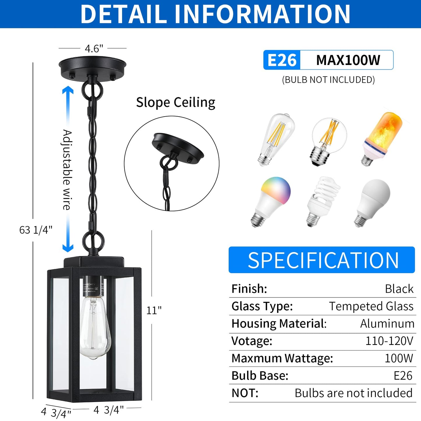 Myhxq 11 Outdoor Pendant Light  Modern Outside Chandelier Outdoor Hanging Lantern Light  Matte Black With Clear Glass  Exterior Pendant Lighting Fixture For Porch  Yard  Gazebo  1Pack